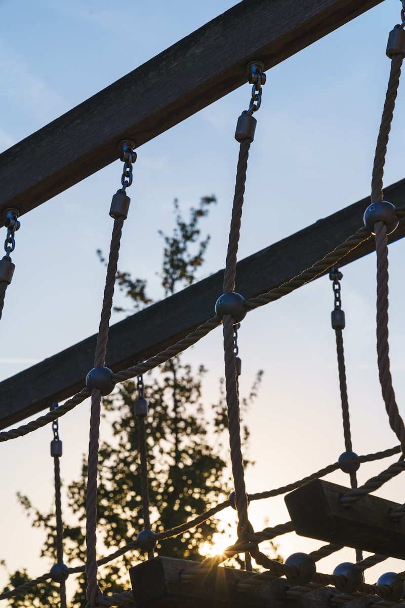A close up of a rope swing with the sun in the background